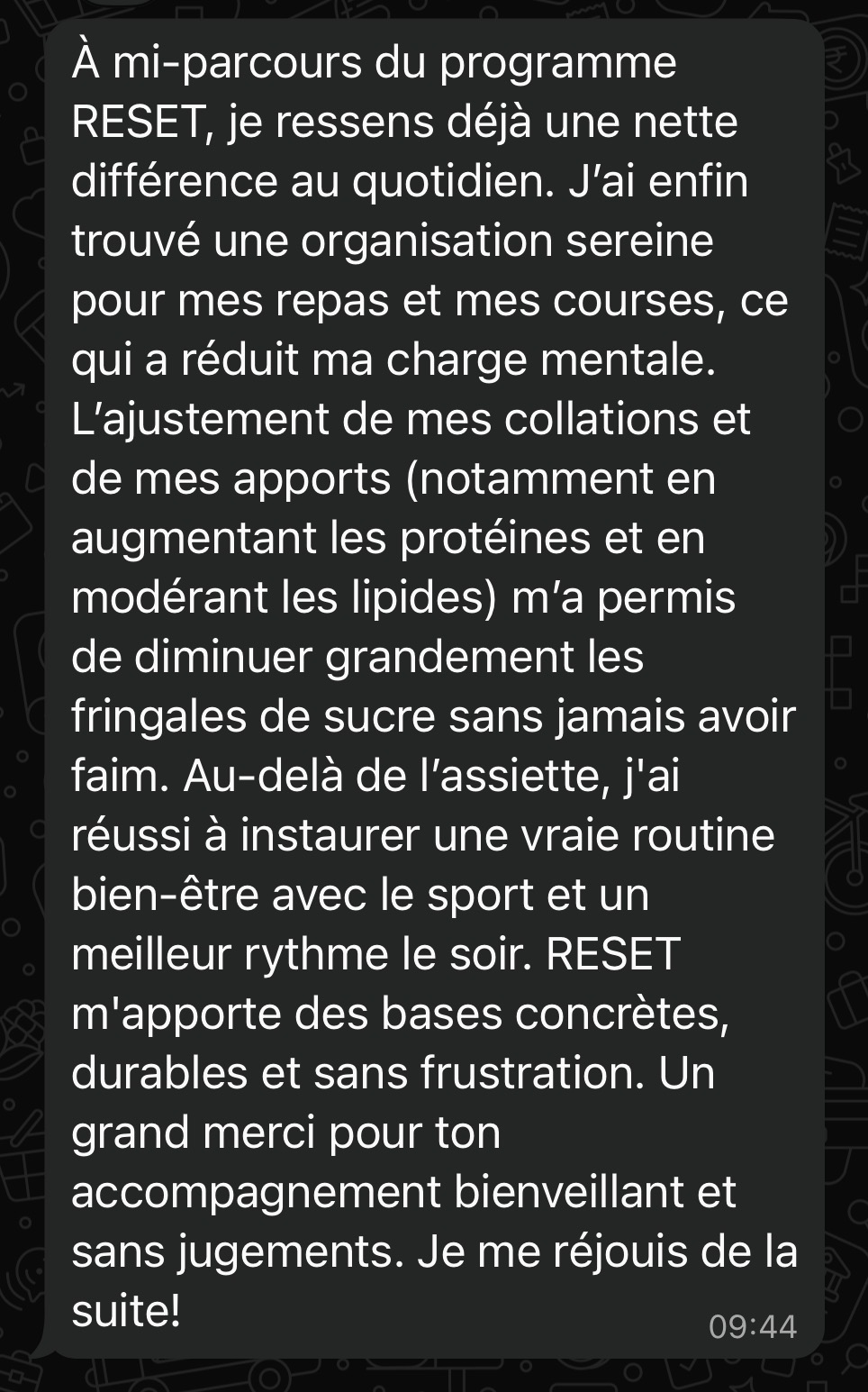 Message d'une cliente reçu par WhatsApp